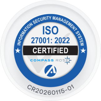 ISO 27001: 2022 certification badge, including certification number CR20260115-01.